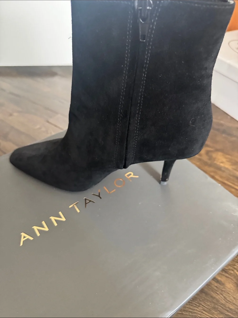 Ann Taylor Black Suede Pointed-Toe Ankle Booties